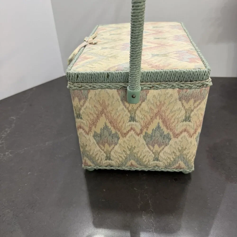 Vintage 1990s Tapestry Sewing Basket with Woven Handle & Padded Lid Storage Box